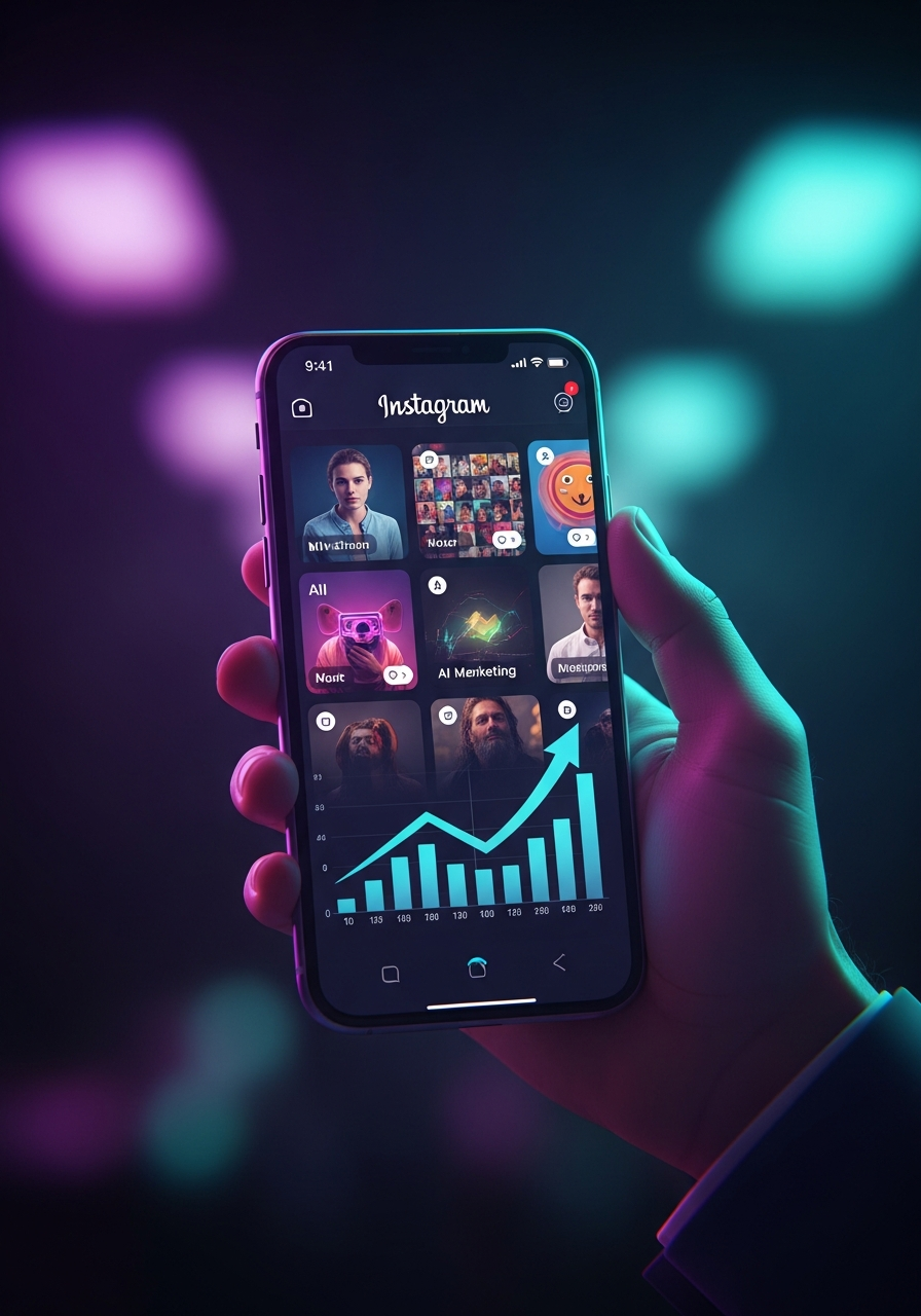 Teléfono mostrando contenido de marketing con IA y crecimiento en redes